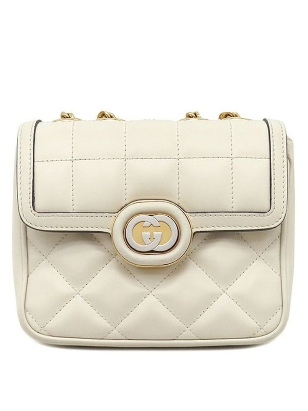 Gucci 2-Way Bag Deco Leather Chain Shoulder Ivory Gold White Silver